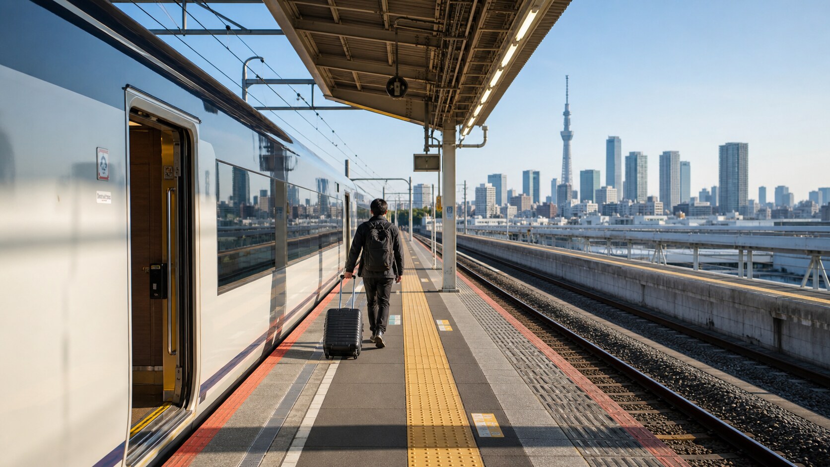 A traveler rolling a suitcase beside an airport express train with the Tokyo skyline in the distance