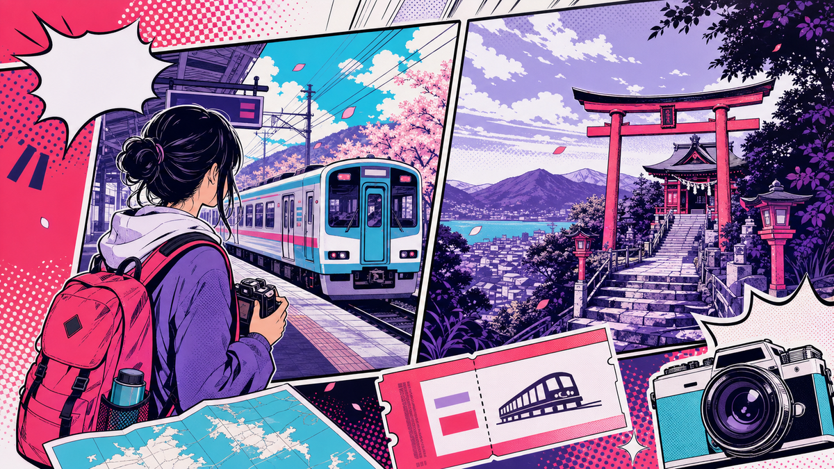 Pop manga-style illustration of an anime pilgrimage scene
