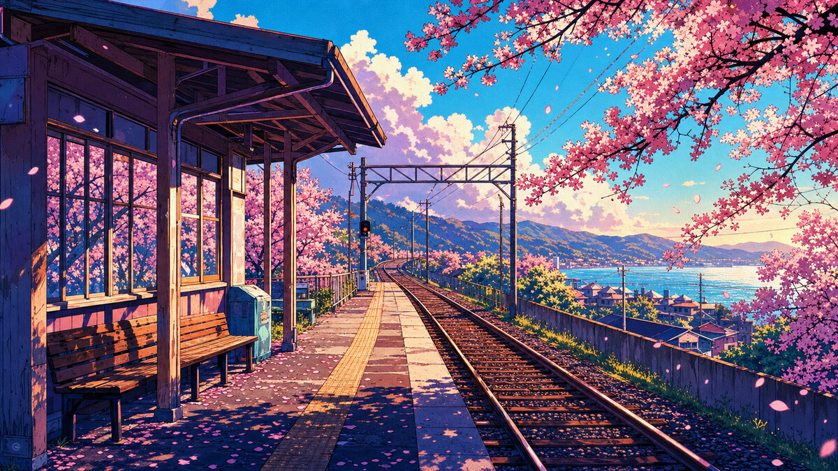 A quiet Japanese train platform resembling an anime background scene