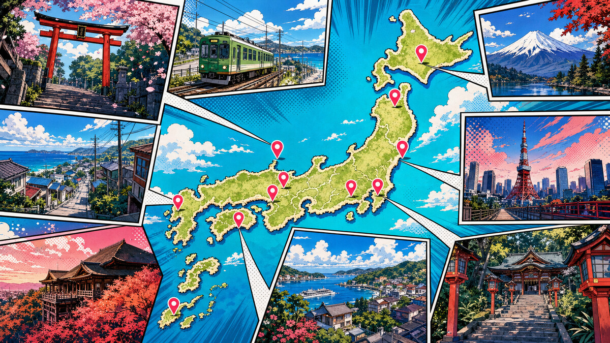 A map of Japan marked with anime pilgrimage location pins