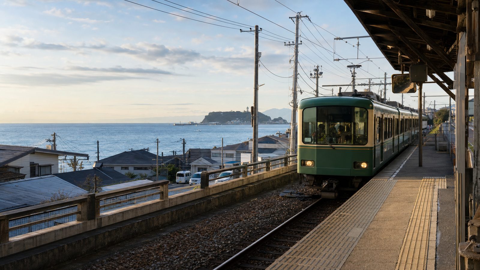 A quiet coastal train platform in Shonan resembling the Bunny Girl Senpai anime backgrounds