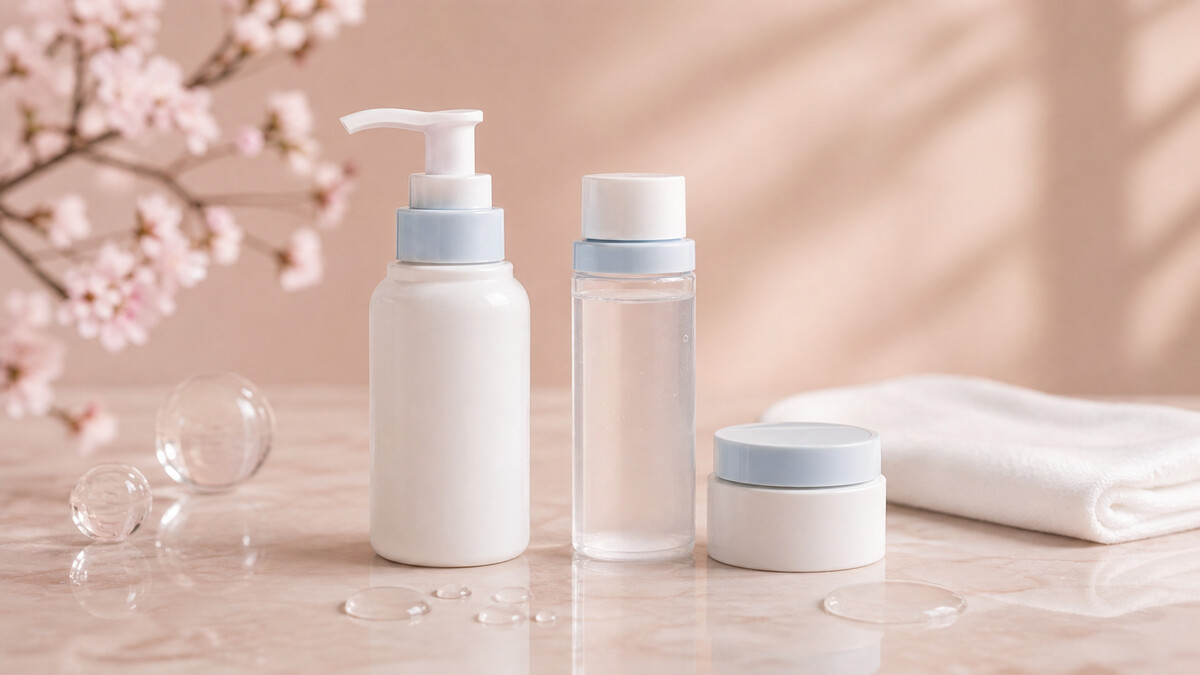 White and pale blue sensitive-skin cleanser, lotion, and cream arranged with clear ceramide-inspired droplets