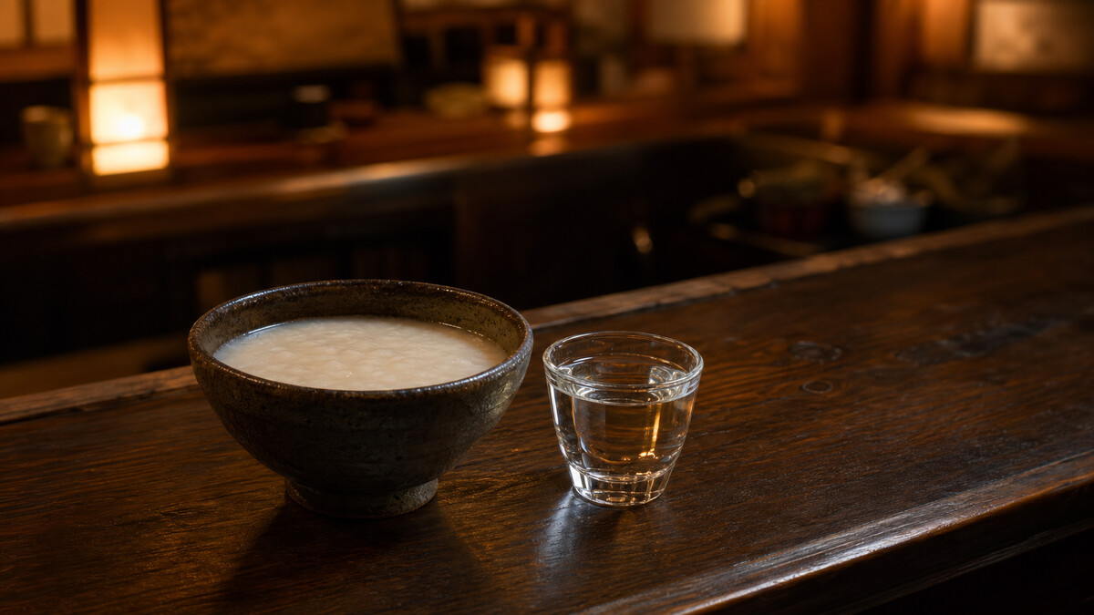 A cloudy white bowl of doburoku next to a clear glass of filtered sake