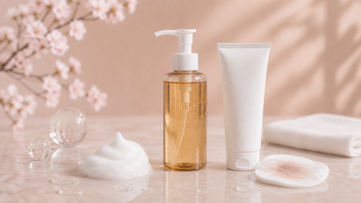 Amber cleansing oil and white face wash displayed with dense foam and a makeup-marked cotton pad