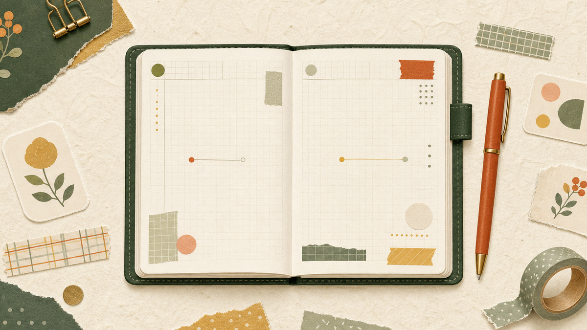 Cute flat illustration of an open Hobonichi Techo planner on textured washi paper
