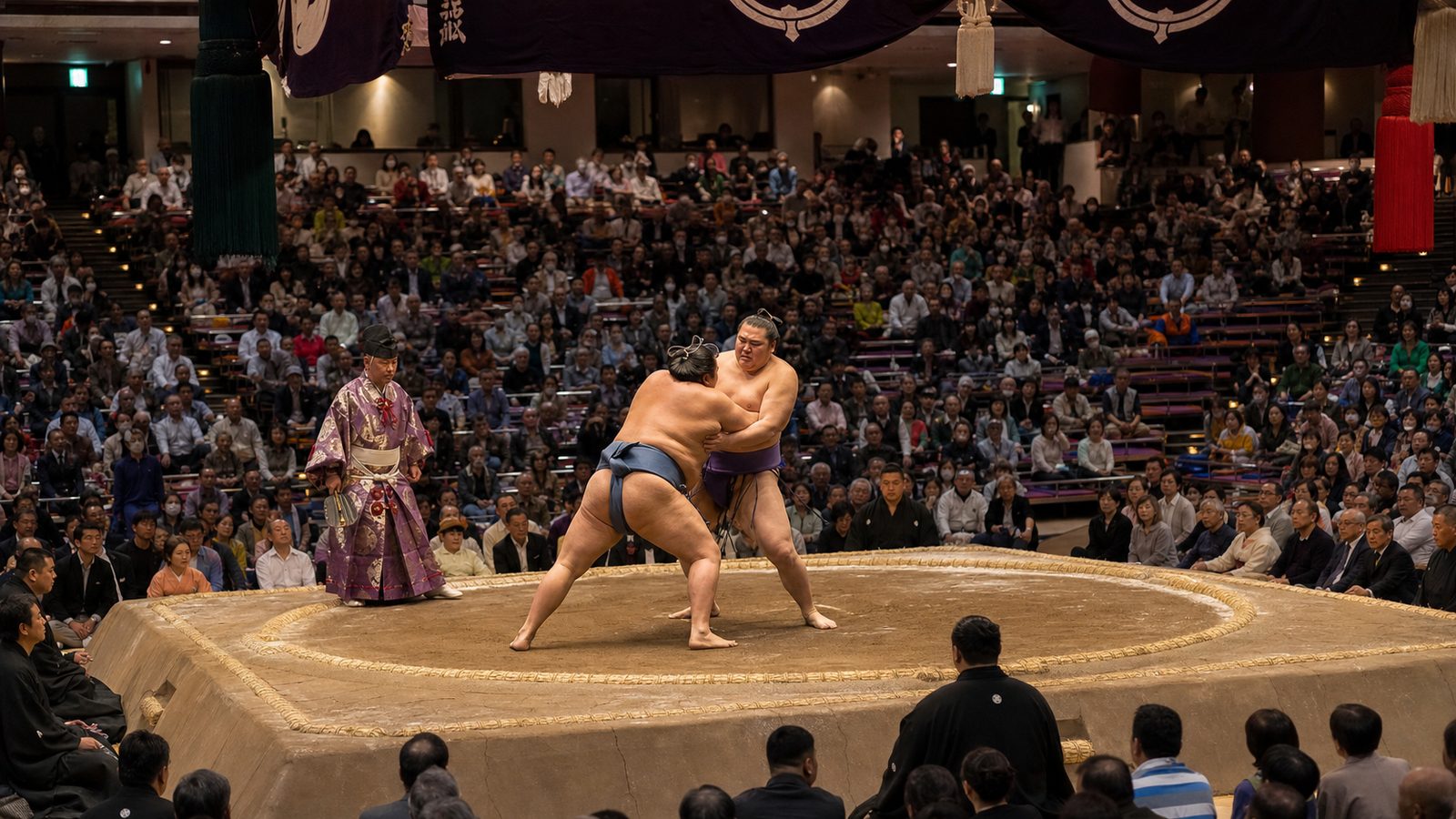 Sumo wrestlers facing off in the ring at a Japanese grand tournament, spectators visible in the arena stands