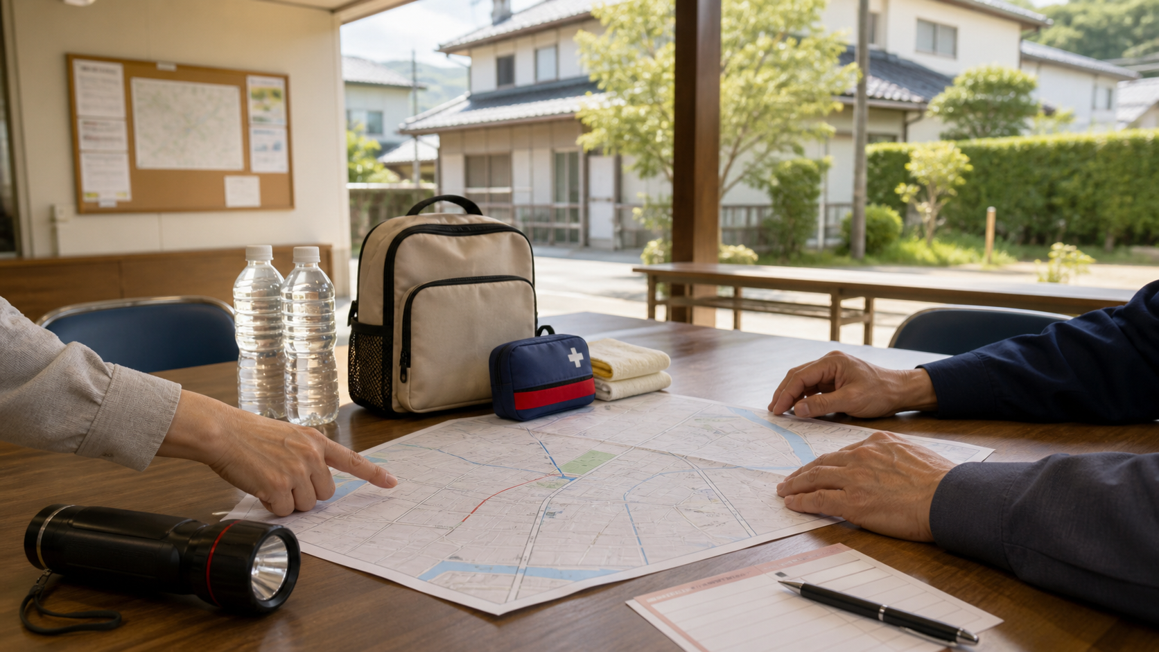 People reviewing an evacuation map with emergency supplies in a Japanese neighborhood meeting space