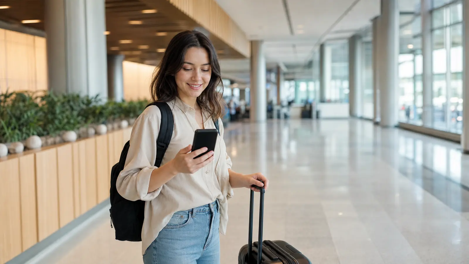 A traveler with a backpack and suitcase checking her phone in a bright airport arrivals hall in Japan