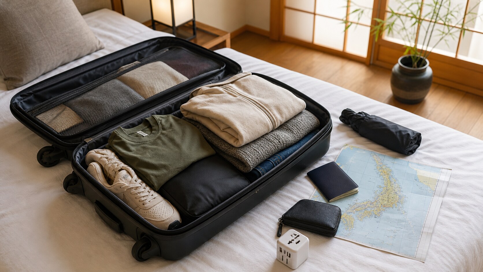 An open suitcase packed with walking shoes and folded clothes beside a Japan map, passport, umbrella, and power adapter