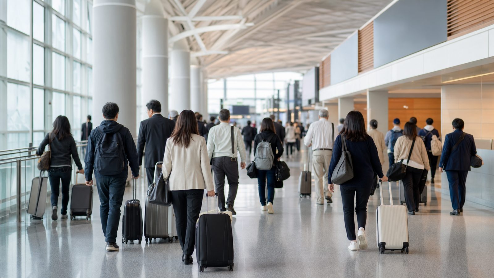 An airport departure gate sign at a Japanese airport with travelers walking toward international departures