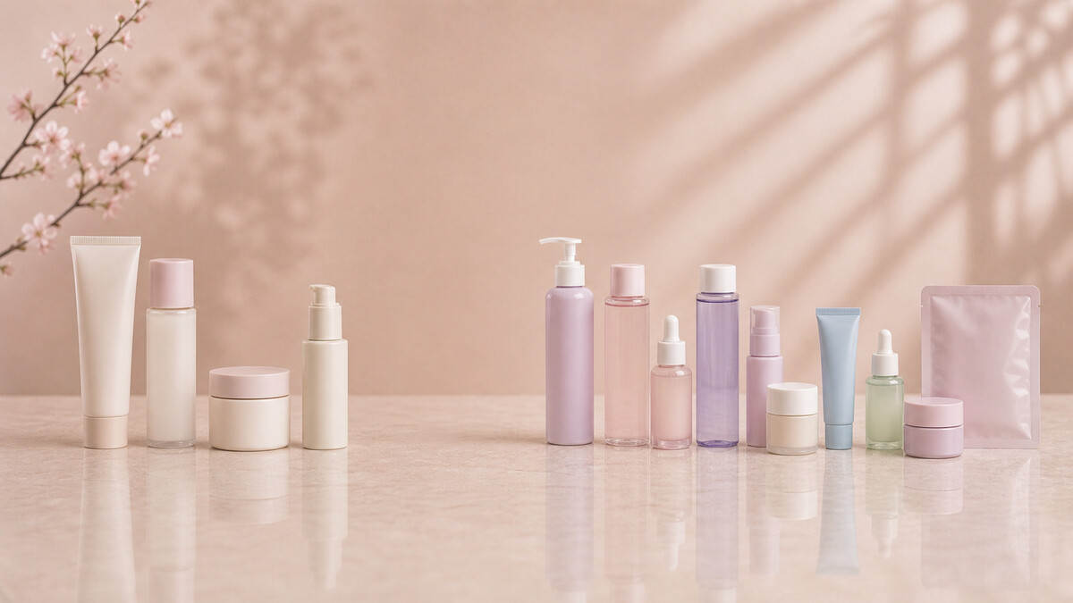 Four-product Japanese skincare routine contrasted with a longer pastel Korean skincare routine