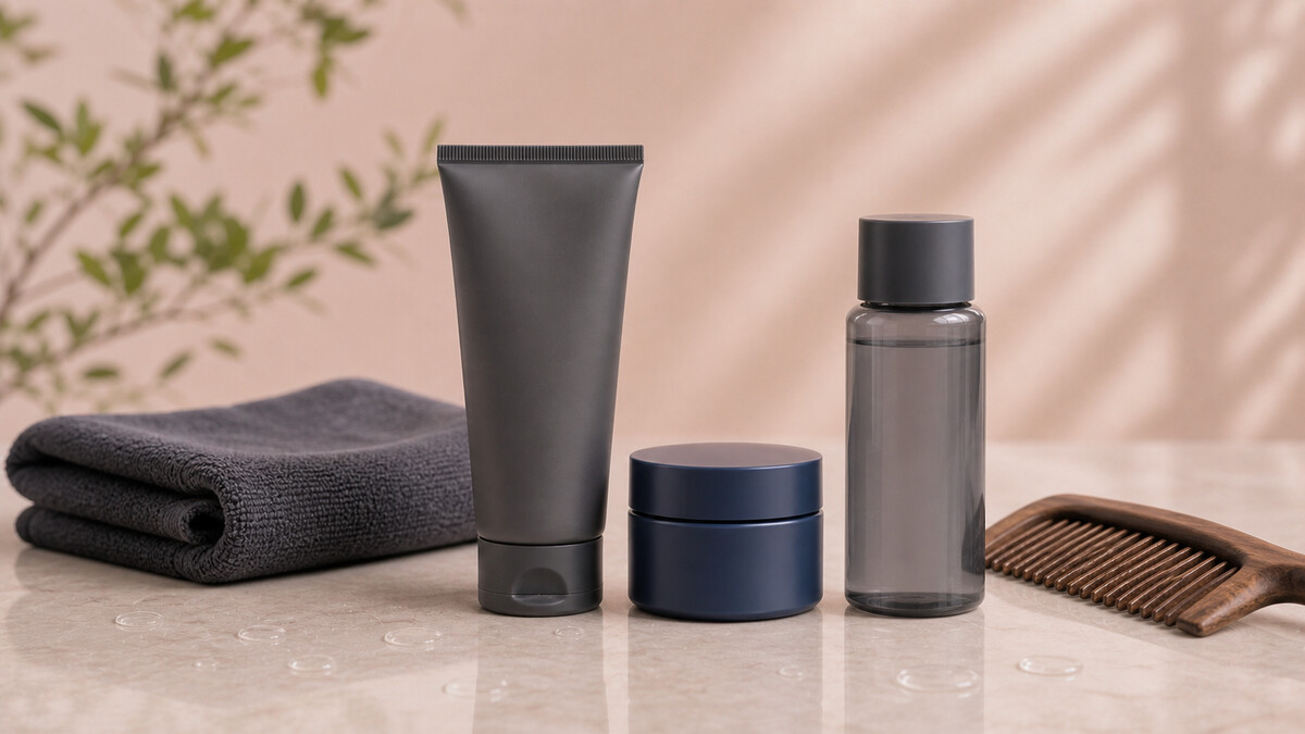 Minimal charcoal and navy Japanese men's skincare set with a dark towel and wooden comb