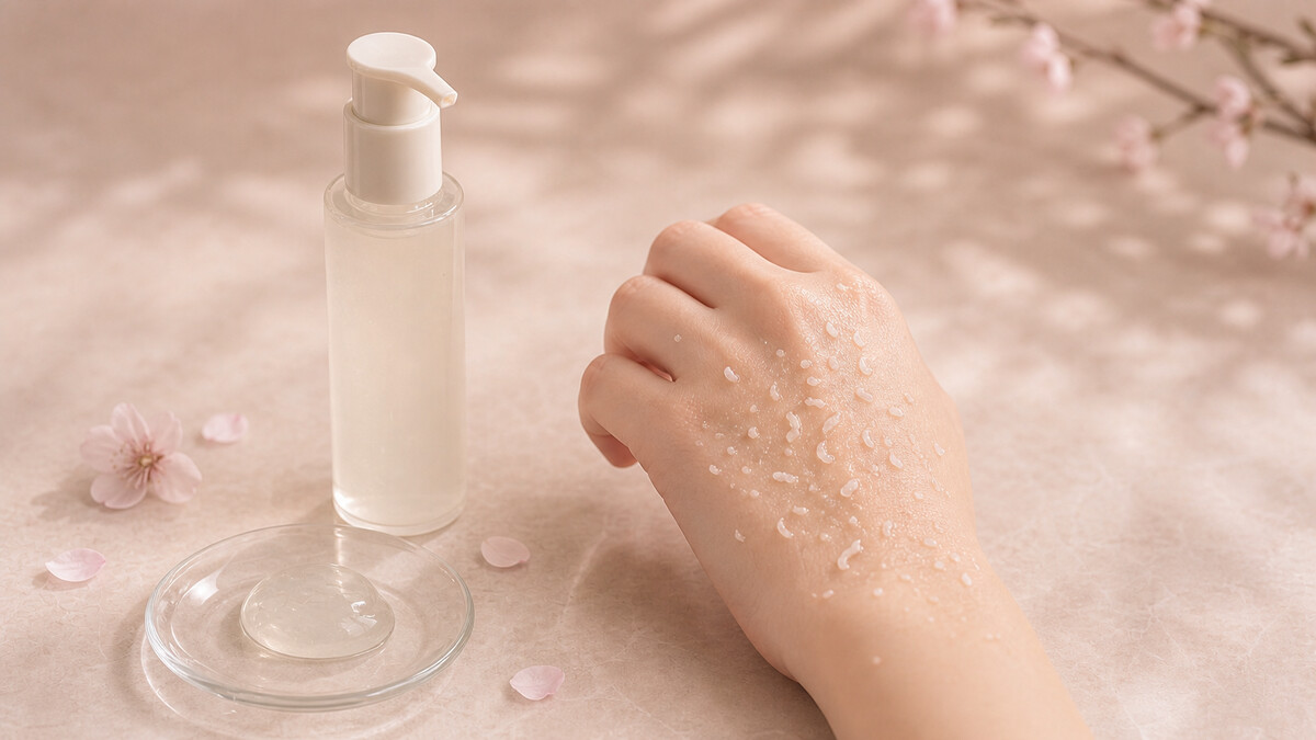 Clear Japanese peeling gel bottle beside visible gommage rolls on the back of a hand