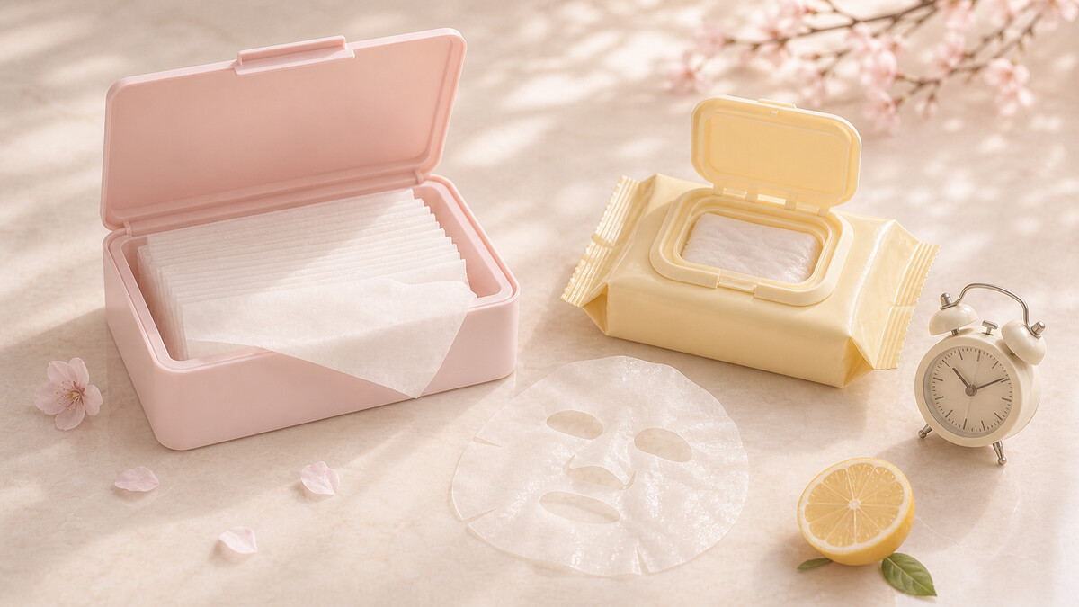 Pink daily sheet mask box and yellow quick-morning mask pack with an unfolded mask and alarm clock