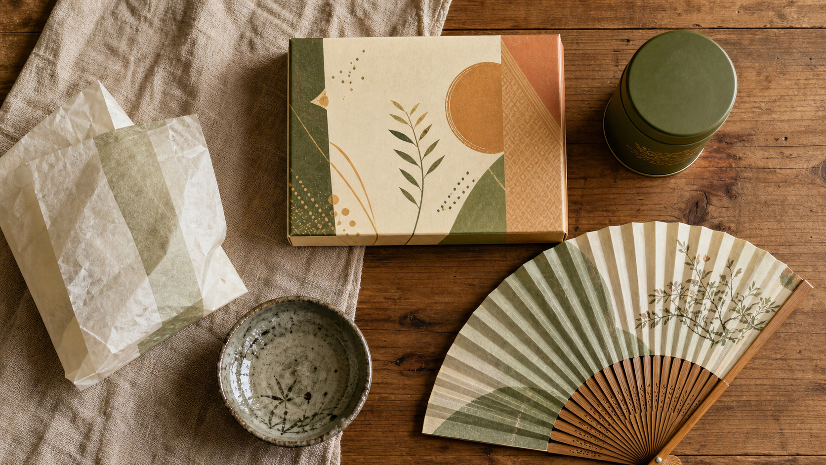 A flat lay of Japanese souvenirs including boxed KitKat flavors, matcha tins, folding fans, and small ceramic dishes