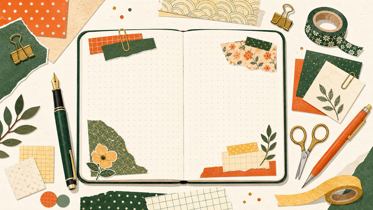 Cute flat illustration of Japanese stationery on washi paper