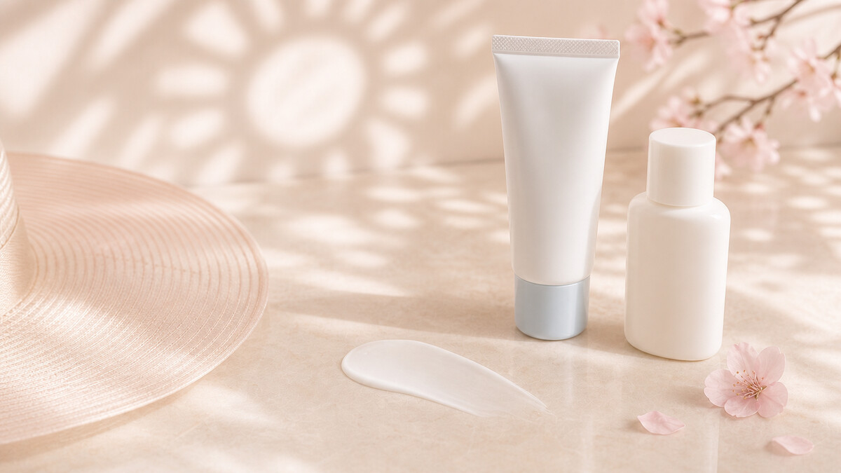 Beginner-friendly Japanese sunscreen tube and milk bottle with a lightweight lotion swatch and sun hat