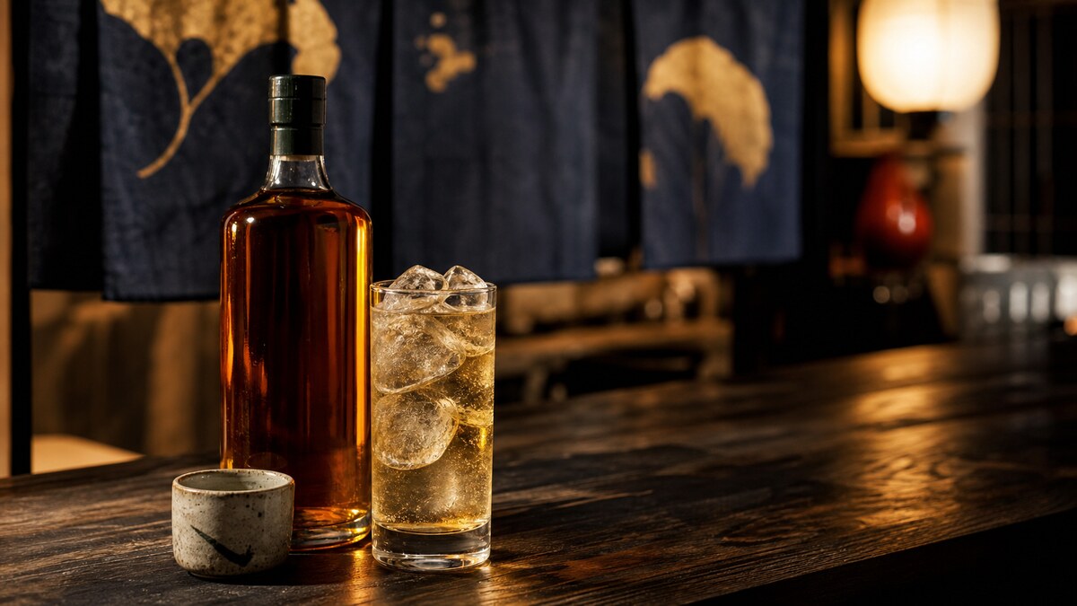 Japanese whisky bottles and glasses in an izakaya setting