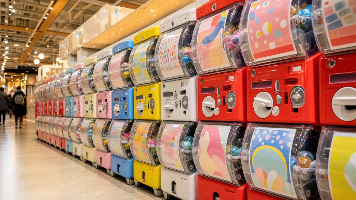 Rows of colorful capsule toy (gacha gacha) vending machines lined up in a Japanese arcade