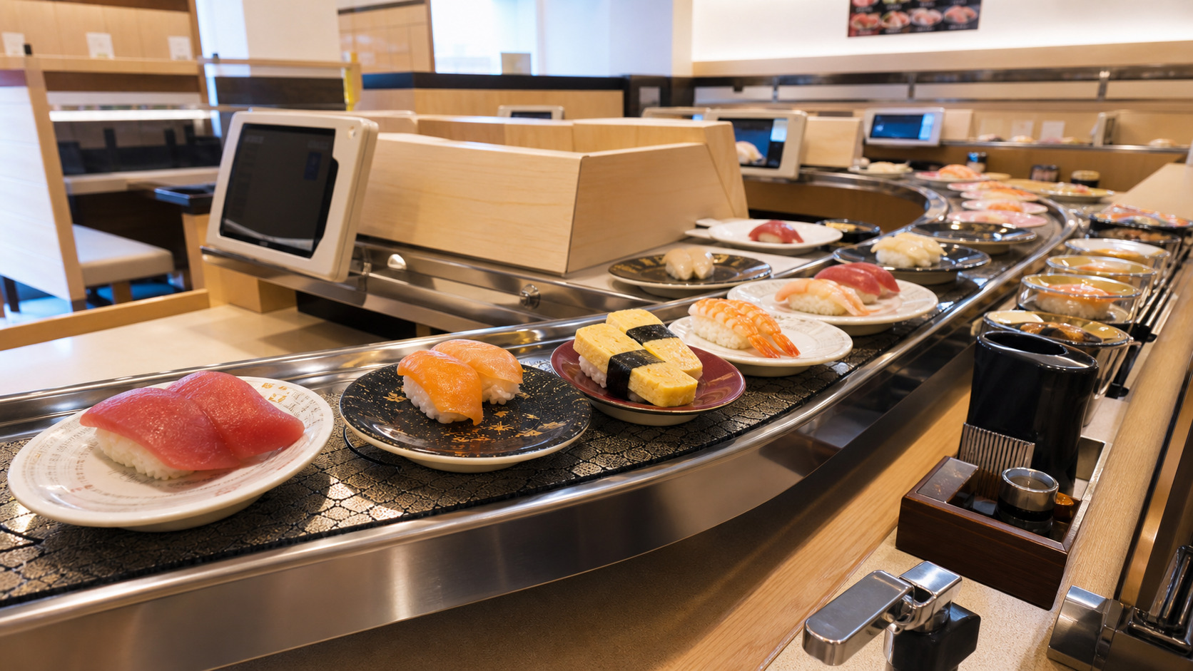 Colorful plates of sushi moving along a conveyor belt inside a Japanese kaiten-zushi restaurant
