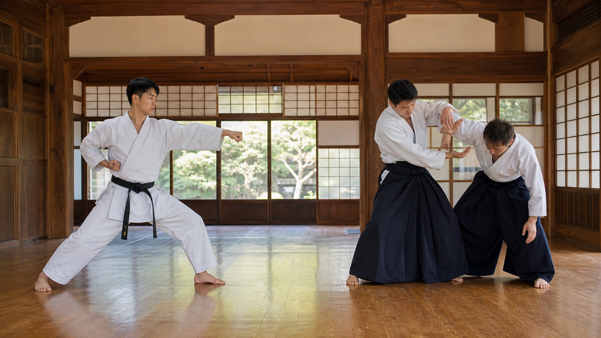Three martial artists training in a Japanese dojo, one practicing strikes, one grappling, one doing a joint lock