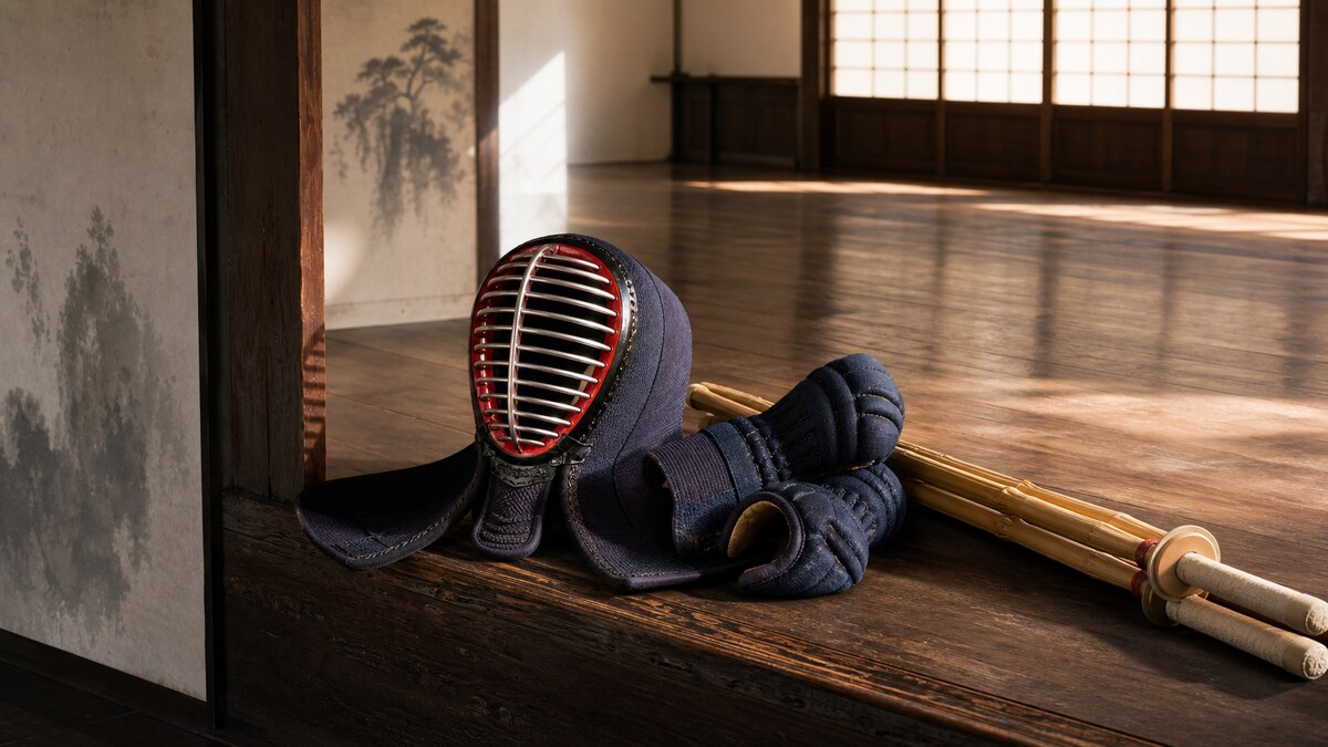 Kendo bogu armor and shinai laid out in a dojo