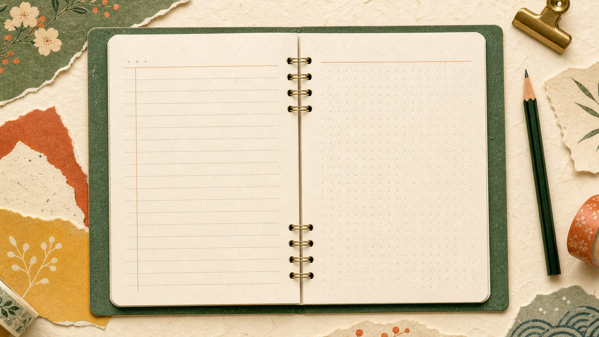 Cute flat illustration of an open Kokuyo Campus notebook on textured washi paper