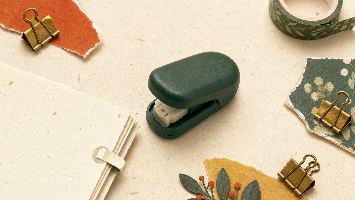 Cute flat illustration of a Kokuyo Harinacs stapleless stapler on textured washi paper