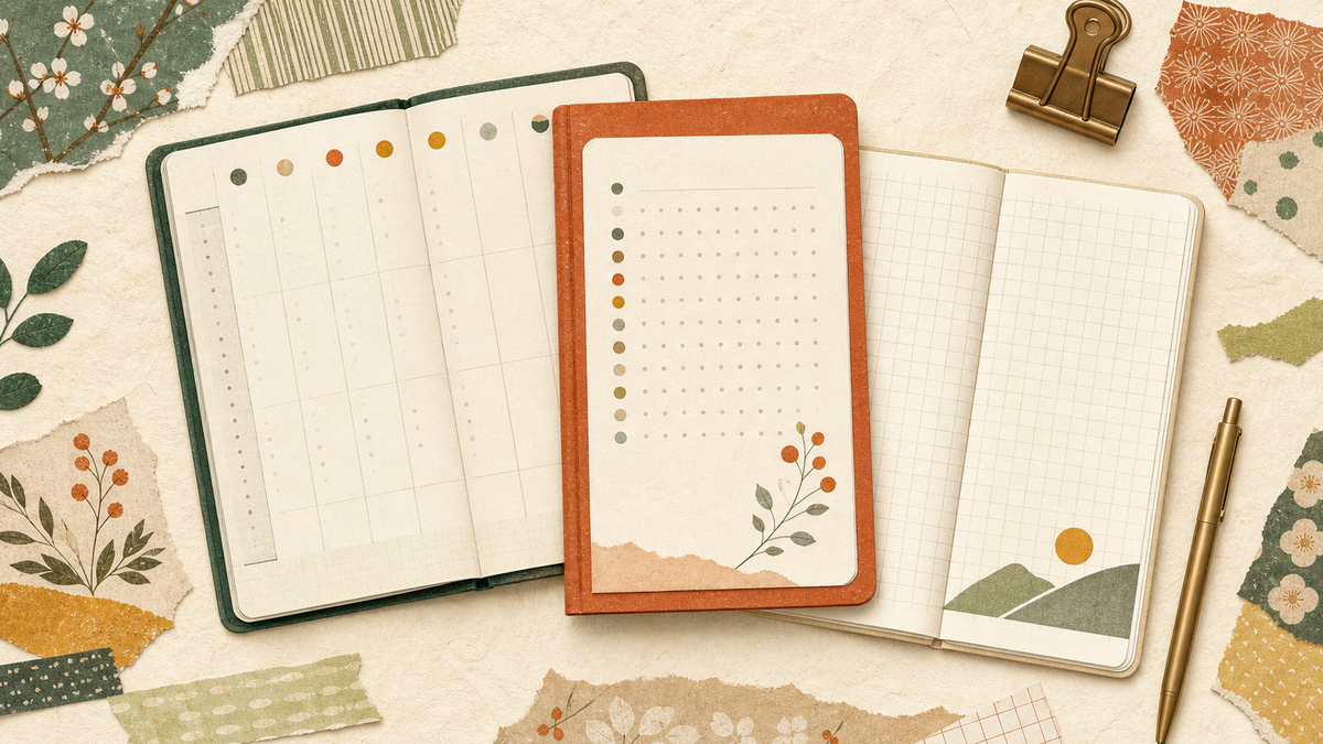 Cute flat illustration of the Kokuyo Jibun Techo planner system on textured washi paper