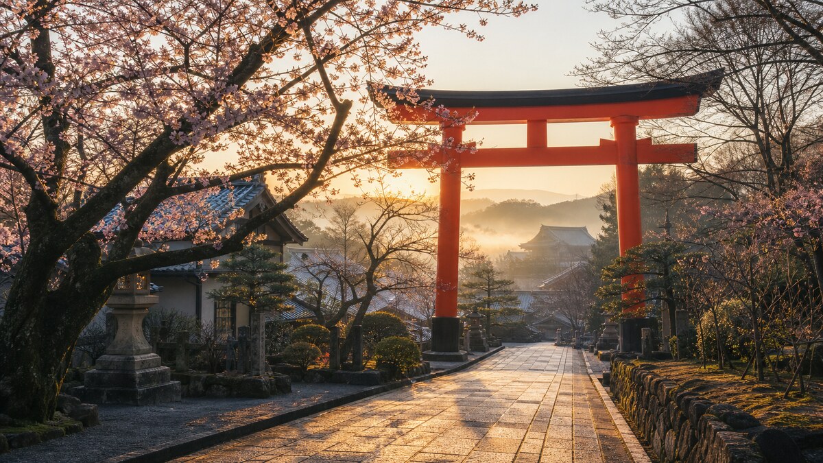 A vermilion torii gate framed by blooming cherry trees beside a traditional Kyoto street