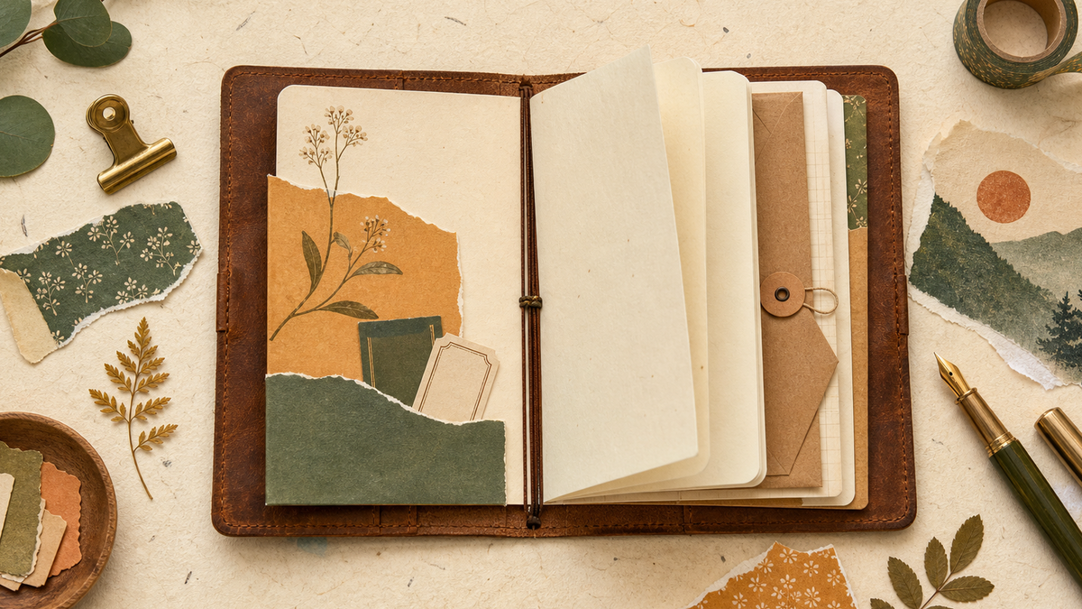 Cute flat illustration of a Midori Traveler's Notebook and refills on textured washi paper