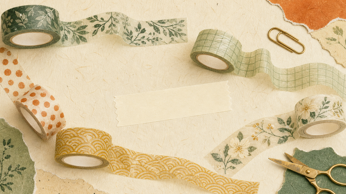 Cute flat illustration of colorful mt washi masking tape on textured washi paper