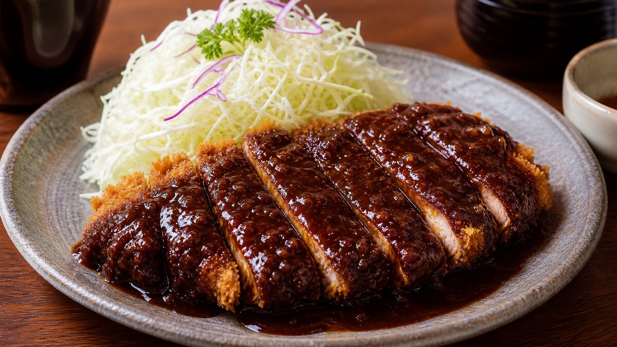 A tray of Nagoya-style miso katsu pork cutlet with dark miso sauce, alongside a bowl of ramen and a cup of coffee served with morning toast
