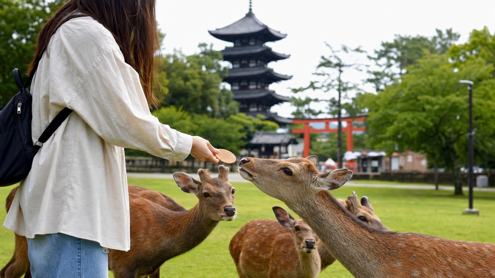 Wild deer gathered around visitors offering rice crackers in Nara Park with a traditional temple gate in the background