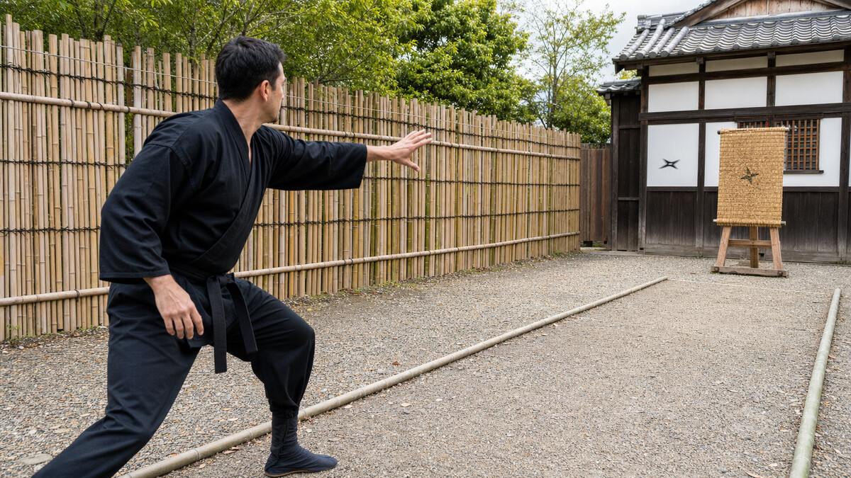 A tourist in ninja costume practicing shuriken throwing at an outdoor training area