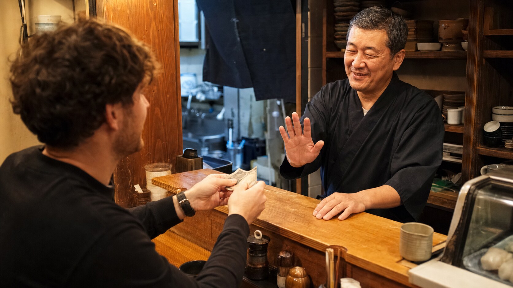 A Japanese restaurant server politely declining yen offered as a tip by a traveler across a wooden counter