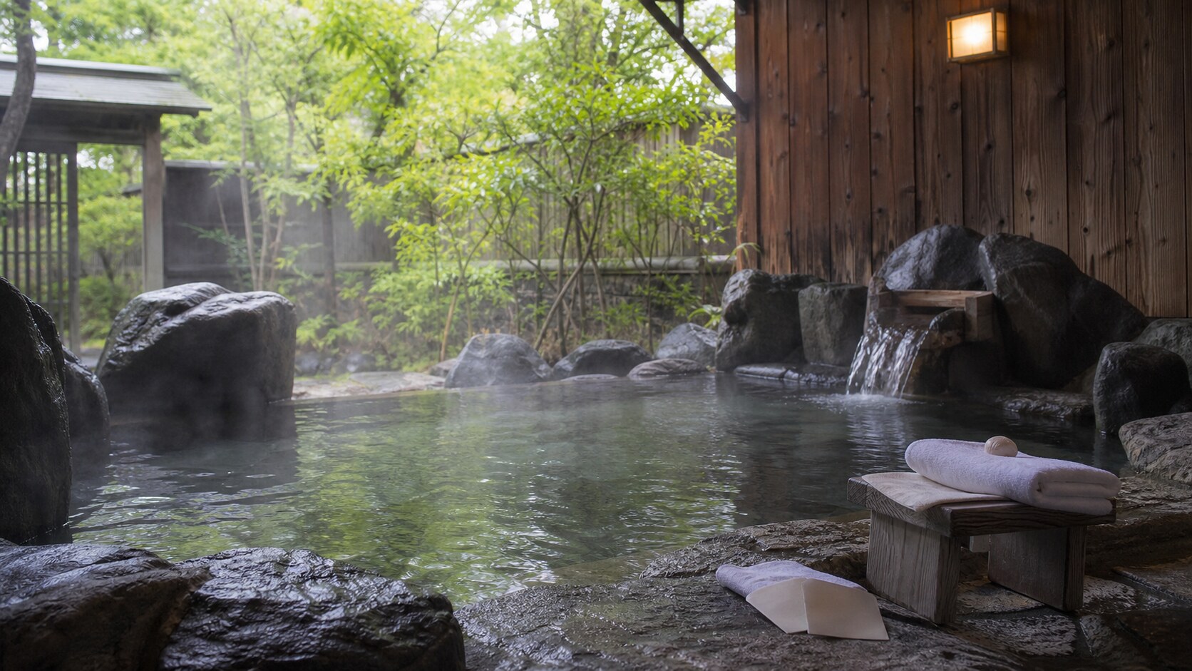 A steaming outdoor Japanese onsen surrounded by natural rocks, cedar walls, and green garden foliage