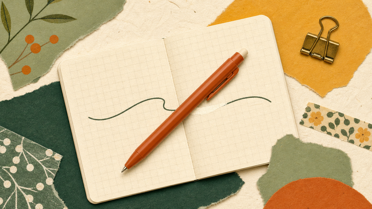 Cute flat illustration of a Pilot FriXion erasable pen on textured washi paper