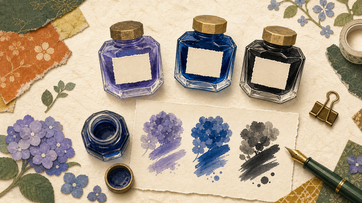 Cute flat illustration of Pilot Iroshizuku fountain pen ink bottles on textured washi paper