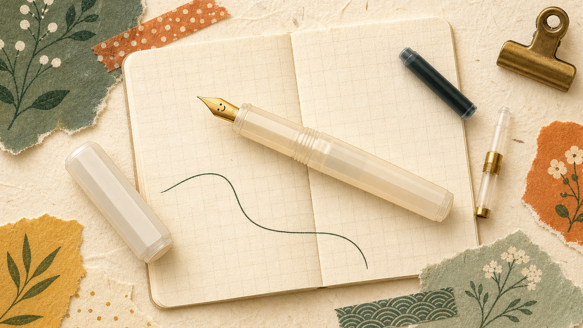 Cute flat illustration of a Pilot Kakuno beginner fountain pen on textured washi paper