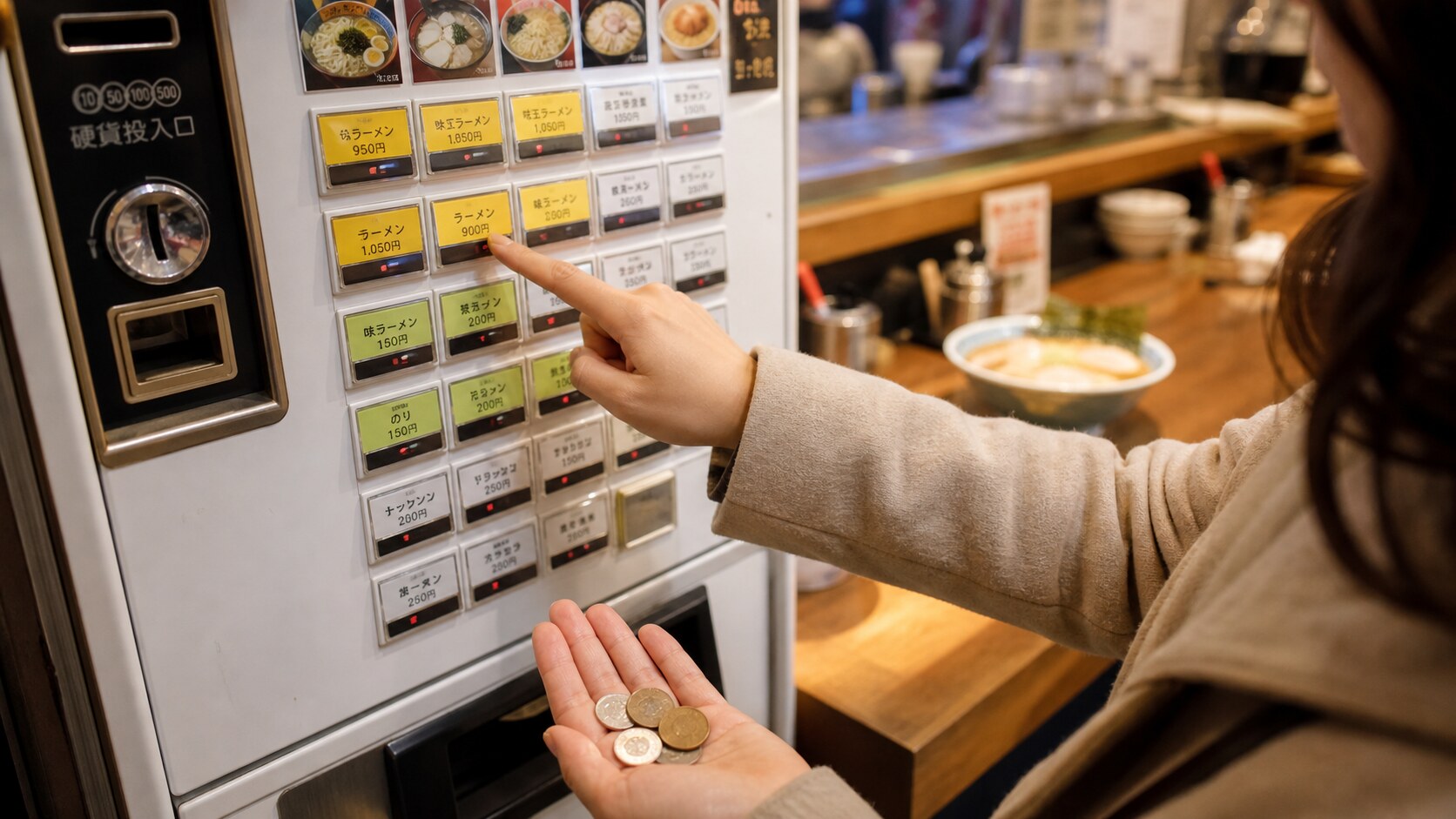 A traveler pressing a button on a ramen ticket vending machine while holding Japanese yen coins