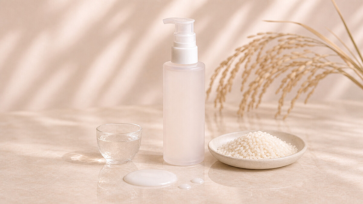 Japanese skincare lotion arranged with a glass sake cup, white rice grains, and a rice stalk