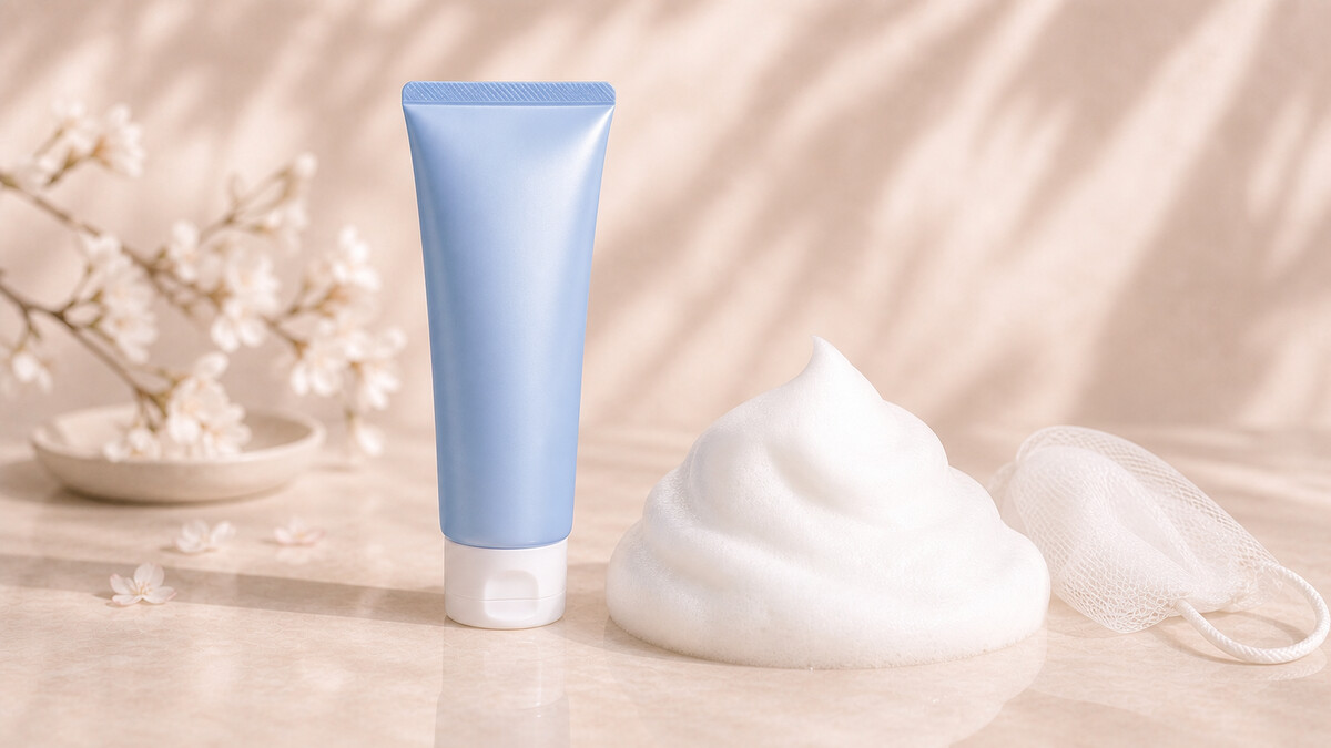Pearly blue Japanese face wash tube beside a mound of dense white foam and a foaming net