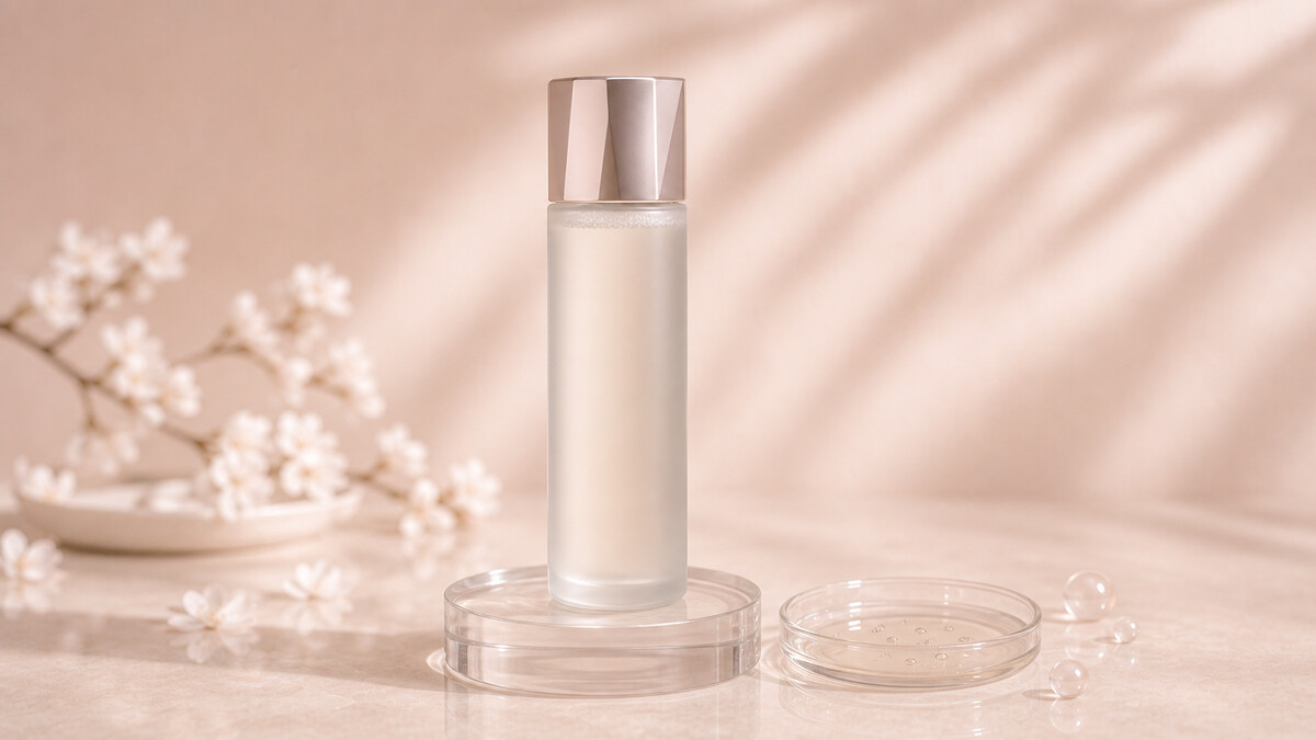 Premium frosted essence bottle on a glass pedestal with translucent fermented essence droplets