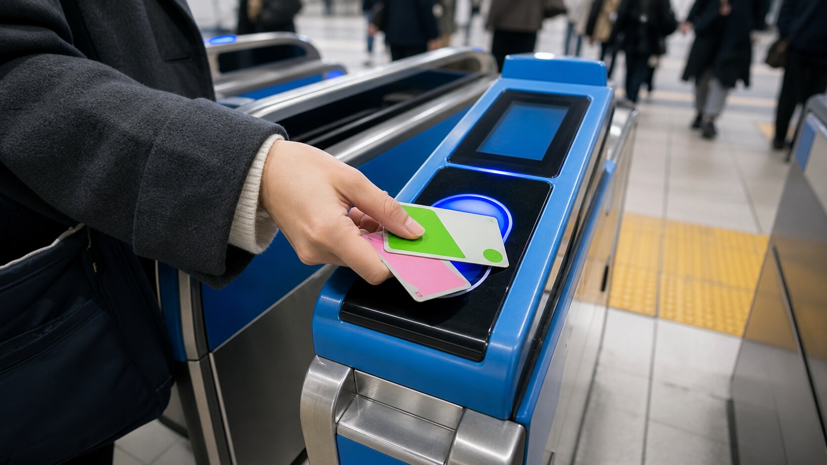 A traveler tapping green and pink IC transit cards on a blue-lit ticket gate reader in a Tokyo station