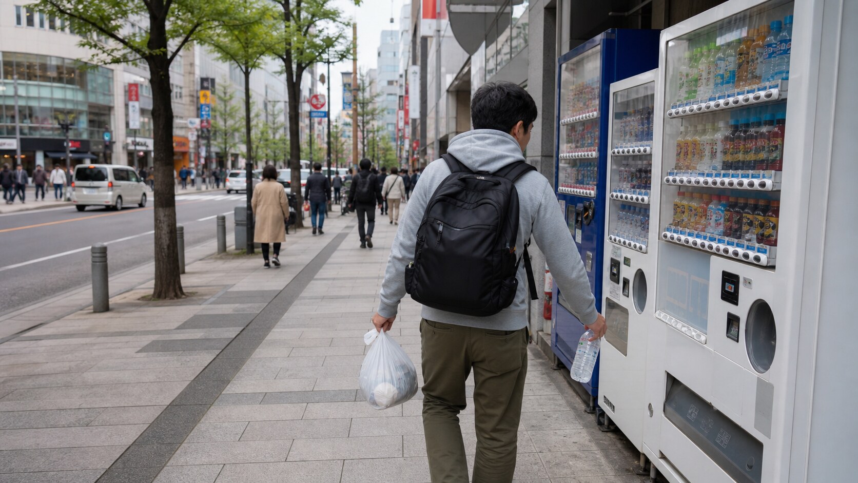 A traveler carrying a small trash bag and empty bottle along a clean Tokyo street lined with vending machines