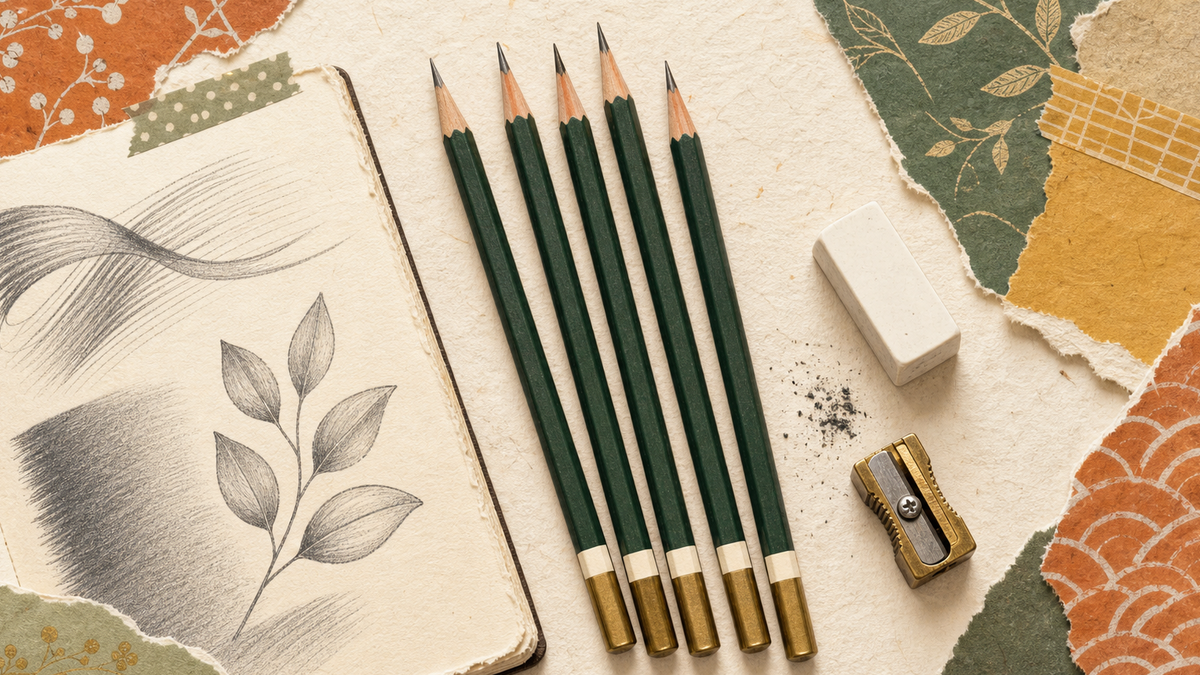 Cute flat illustration of Tombow Mono 100 drawing pencils on textured washi paper