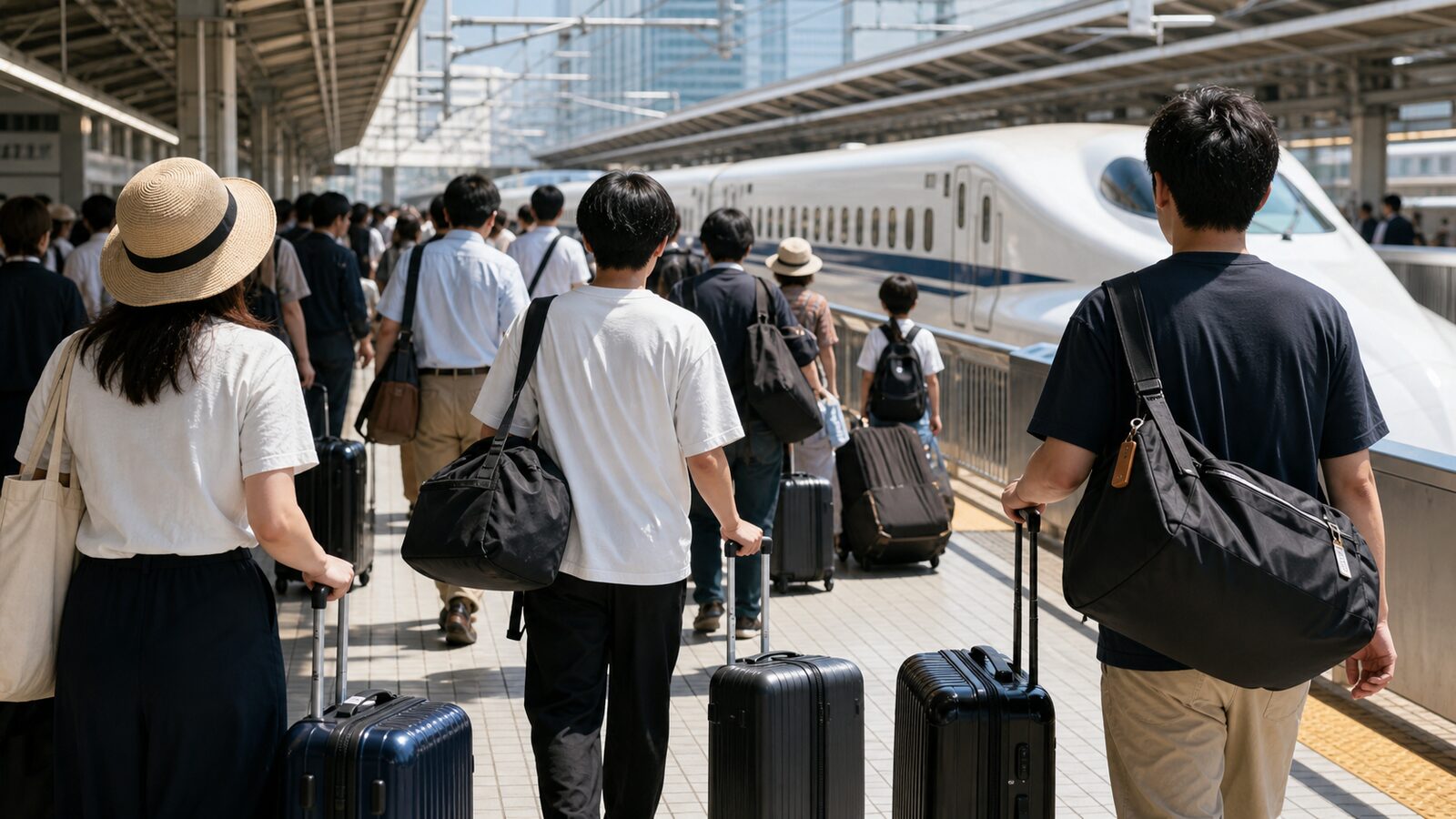 A crowded Shinkansen platform at a Japanese station in summer, with travelers carrying suitcases waiting to board