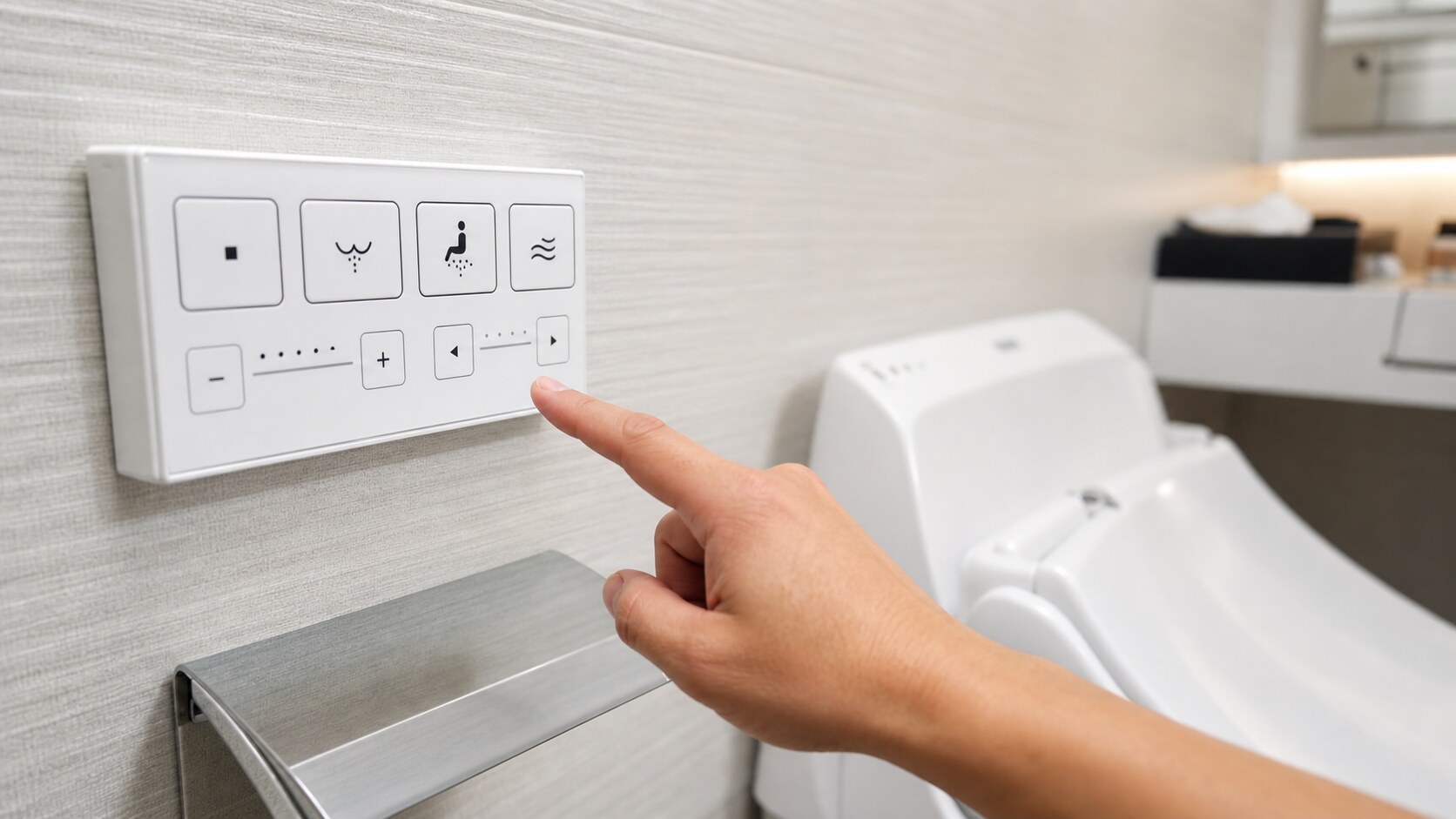 A hand pointing at pictogram buttons on a Japanese washlet control panel beside a modern toilet