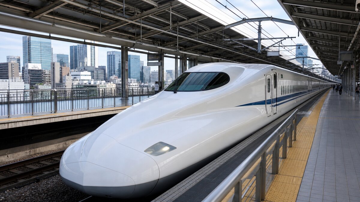A Nozomi shinkansen departing a Central Japan train platform with the city skyline visible in the background